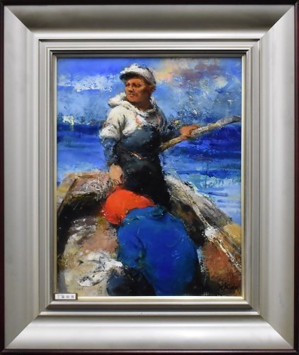 Ein Maler, der weiterhin Fischer malt. Kazuo Kudo, Nr. 6, Fischer rudert ein Boot [Seiko Gallery] Eine der größten Kunstgalerien in Tokio. Feiert ihr 53-jähriges Jubiläum*, Malerei, Ölgemälde, Porträts