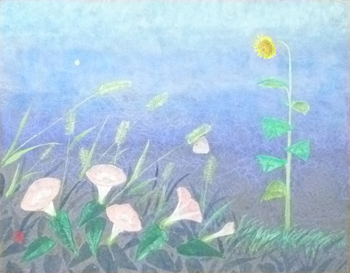 Popular Japanese painter Rieko Nakajo No. 6 Evening (morning glory, sunflowers, etc.) Framed [5, 000 works on display at Seiko Gallery! You're sure to find one you like], Painting, Japanese painting, Flowers and Birds, Wildlife