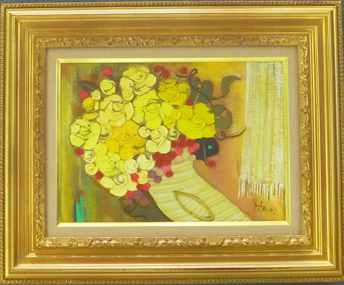 小さい作品ですが構図の取り方も面白く, 幸運を呼ぶ黄色い花です｡ 折橋真理子 4号 ｢小鳥の花瓶に木の実｣ 【正光画廊】, 絵画, 油彩, 静物画
