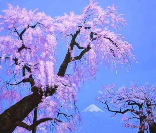 [Galería Masami] Nueva obra del popular pintor occidental Shimane Kiyoshi, tamaño 10, Cerezos en flor llorones y el monte Fuji con marco [5, ¡500 piezas en exhibición!], Cuadro, Pintura al óleo, Naturaleza, Pintura de paisaje