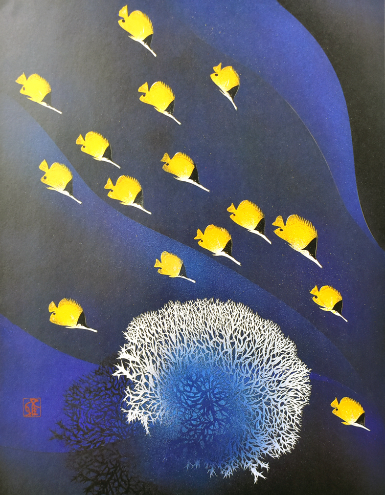 Ausgegrabener Papierschnitt und Reproduktion „Sea Fairy Tale des beliebten Papierschneidekünstlers Masayuki Miyata mit Rahmen [Masami Gallery], Kunstwerk, Malerei, Collage, Papier schneiden