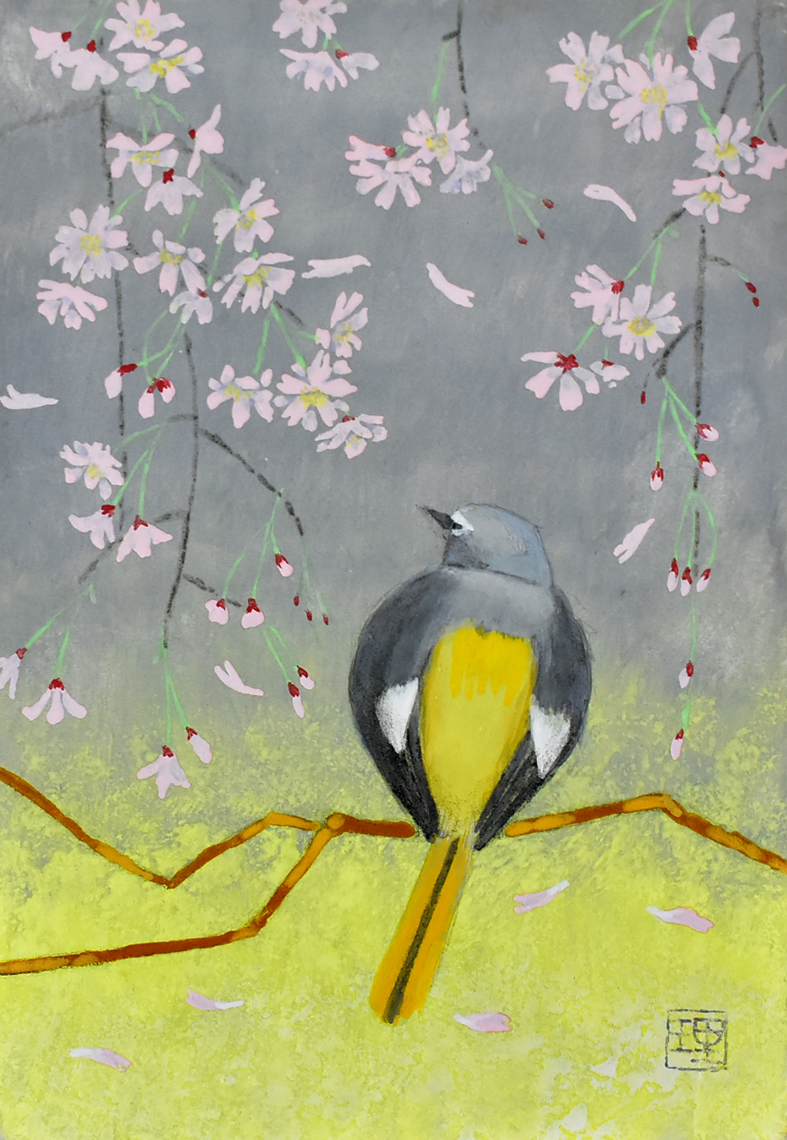 Popular Japanese painter's work! Rieko Nakajo SM Spring in the Wind (IV) Weeping Cherry Blossoms and Daurian Redstart Framed work [Seiko Gallery], Painting, Japanese painting, Flowers and Birds, Wildlife