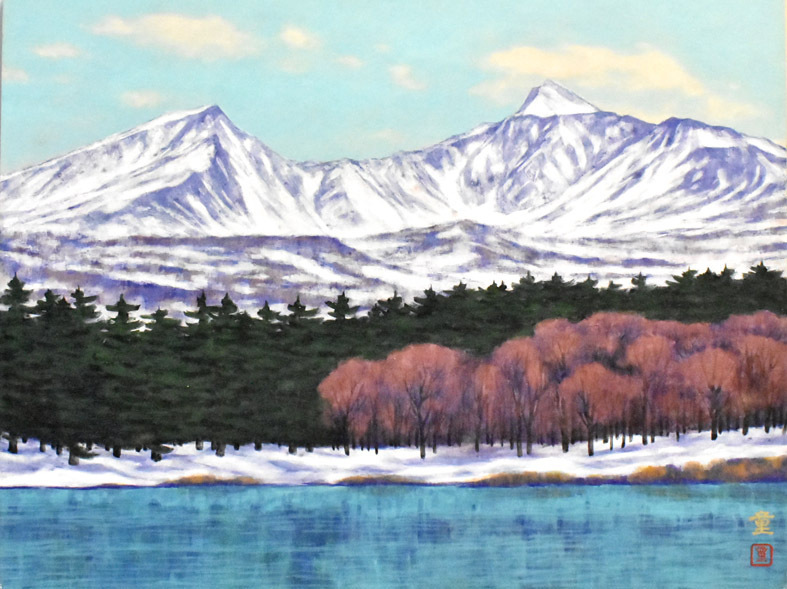 Una vista del monte Bandai en la prefectura de Fukushima, ¡Una obra con un ambiente tranquilo y digno! Mitodo Bandai 12 páginas de pintura japonesa [Galería Seiko] Establecida hace 53 años, Es una de las galerías de arte más grandes de Tokio.*, Cuadro, pintura japonesa, Paisaje, viento y luna