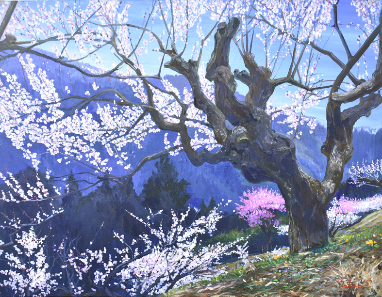 Makoto Sakuragi Nr. 10 Frühling des großen Baumes, Öl auf Leinwand, signiert [Masamitsu Gallery], Malerei, Ölgemälde, Stilllebenmalerei