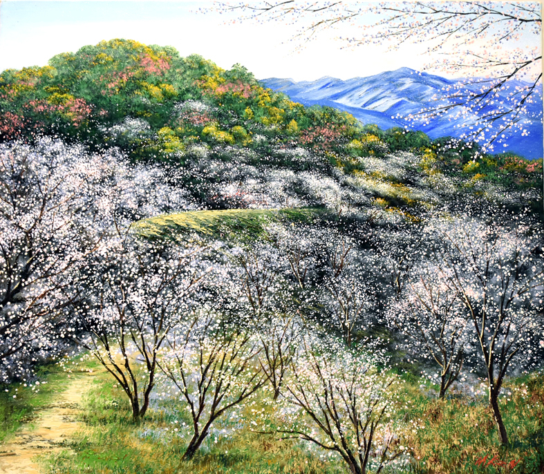 [عمل أصيل] أزهار الكرز الشتوية لأزهار كينيتشي موريتا في لوحة غربية كاملة الإزهار 10F مع إطار [معرض سيكو], تلوين, طلاء زيتي, طبيعة, رسم مناظر طبيعية