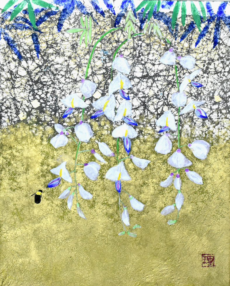 Coexistence with nature, A bee flew to the beautiful and fragrant wisteria flowers! Japanese painting by Rieko Nakajo, No. 3 Story of Spring I Wisteria with frame, Painting, Japanese painting, Flowers and Birds, Wildlife