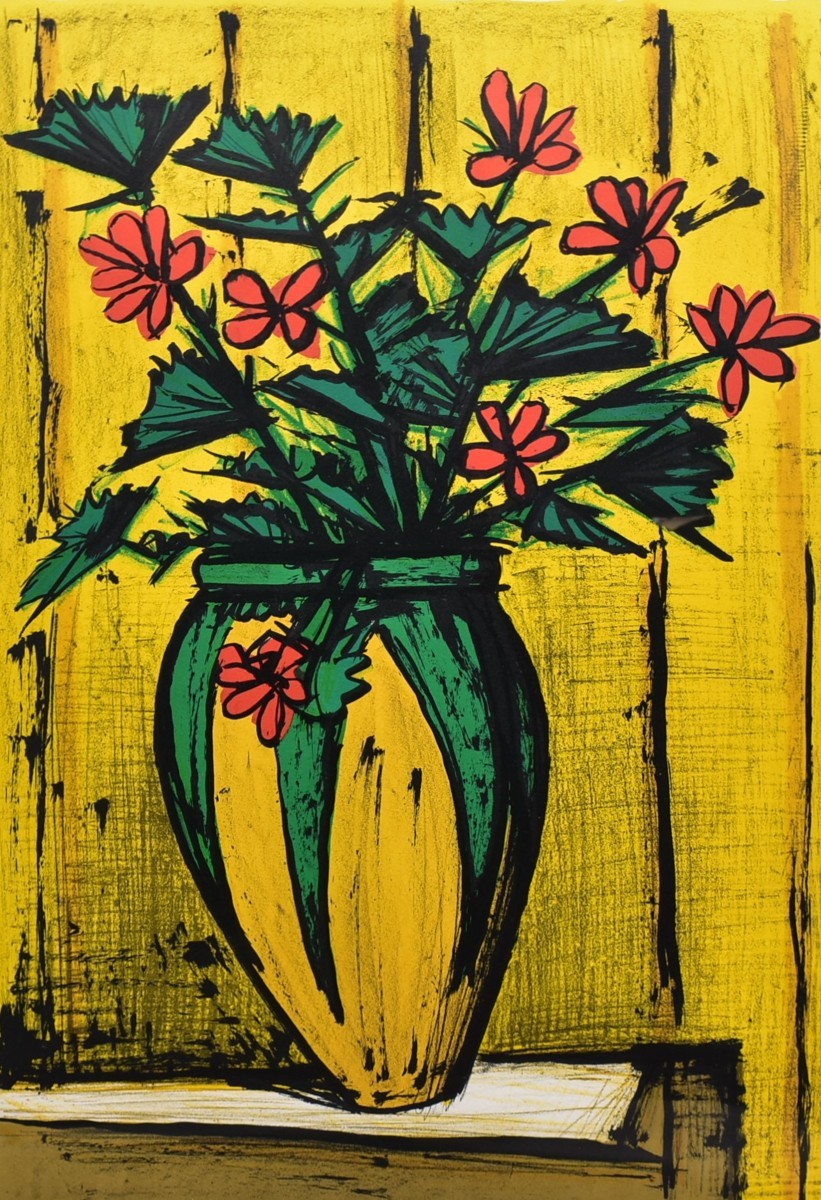 Bernard Buffet Blumen und Vase Lithographie Limitiert auf 150 Exemplare Produziert 1978 Signiert [Masami Gallery] Eine der größten Kunstgalerien in Tokio 53. Jahrestag*, Kunstwerk, Drucke, Lithografie, Lithographie