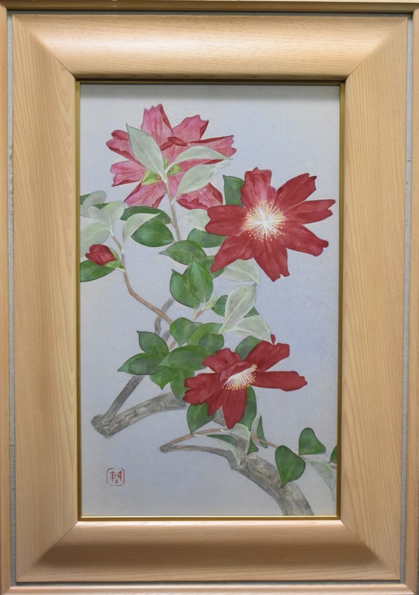 Echte Arbeit Junichi Hayashi 8M Higo sasanqua [Masamitsu Gallery] Vor 53 Jahren gegründet, Eine der größten Kunstgalerien in Tokio*, Malerei, Japanische Malerei, Blumen und Vögel, Vögel und Tiere