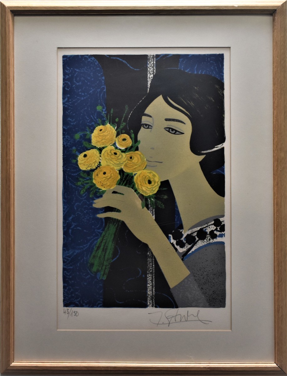 Toller Fund! Druck Frau mit Blumen von Yves Ganne, Kunstwerk, Drucke, Lithografie, Lithographie