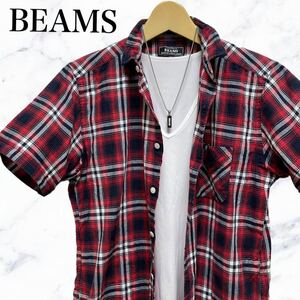 BEAMS チェックシャツ　半袖シャツ　カジュアルシャツ　赤　レッド