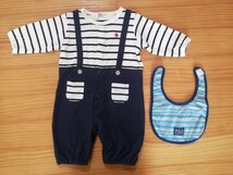 POLO Baby ポロ 50 60 70 ロンパース カバーオール ベビー服 スタイ セット 男女兼用 新生児　よだれかけ ボーダー柄 白黒 シンプル_画像1