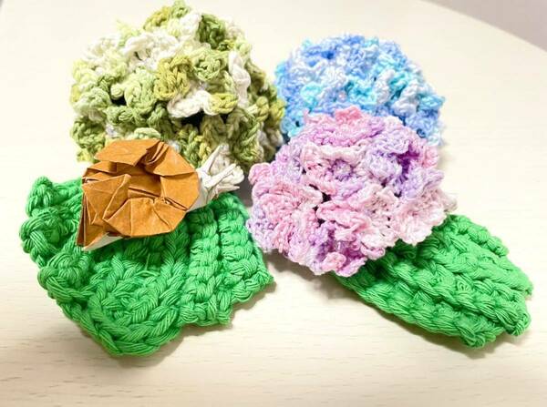 紫陽花のオブジェ　レース編み　カタツムリ　折紙　ハンドメイド　値下げ