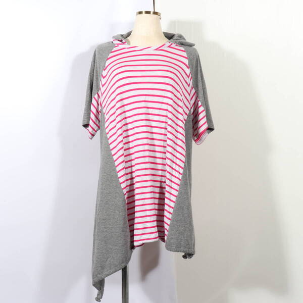 ☆マツオインターナショナル 半袖 ボーダー Tシャツ 40サイズ カットソー グレー ピンク ロング丈 ma-5-251