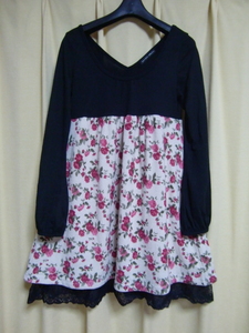 USED*JAYRO White black ×. floral print long sleeve CUTE. dress M size 