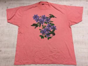 【送料無料】USA製 COTTON GROVE アート カントリー オールド レトロ 90s 古着 花と鳥 半袖Tシャツ カットソー メンズ 2X ピンク