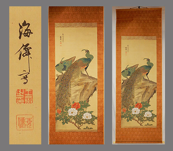 [Obra auténtica] ■Kaisen Oda■Extensa pintura de peonía y pavo real■Escritura a mano■Pergamino colgante■Pergamino colgante■Pintura japonesa■, cuadro, pintura japonesa, flores y pájaros, pájaros y bestias