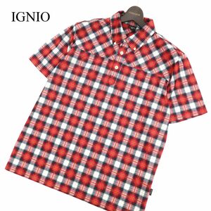 IGNIO イグニオ 春夏 半袖 総柄 チェック★ ボタンダウン ポロシャツ Sz.L　メンズ 赤 ゴルフ　C3T04387_5#A