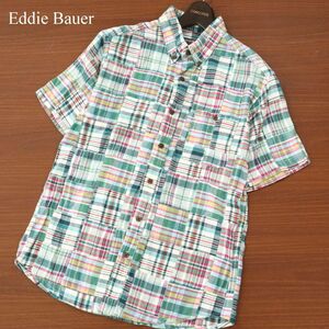 Eddie Bauer エディーバウアー 春夏 半袖 ボタンダウン パッチワーク★ チェック シャツ Sz.S　メンズ アウトドア　C3T04426_5#A