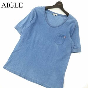 AIGLE エーグル 春夏 インディゴ★ ポケット 半袖 Vネック カットソー Tシャツ ポケT Sz.L　アウトドア メンズ　C3T04485_5#A