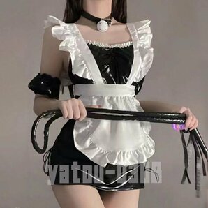 G718 セクシーランジェリー フェイクレザー ベビードール ミニスカート エプロン メイド服 コスプレ衣装 ナイトウエアの画像1