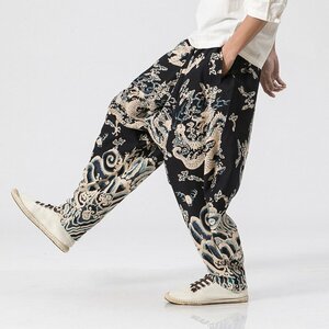  new goods! sarouel pants men's floral print dragon pattern easy tapered pants wide pants chinos casual M-3X