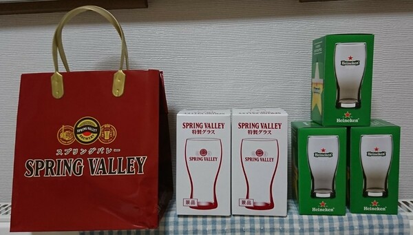 SPRING VALLEY Heineken オリジナルグラスセット スプリングバレー ハイネケン 特製グラス 紙袋 キリン KIRIN ビールの景品 コップ 食器