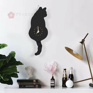 壁掛け時計　INS風　しっぽ振る猫　猫　芸術　時計　寝室用　リビング　インテリア　かわいい