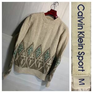 90's Vintage Calvin Klein Sport Calvin Klein Hong Kong made neitibneitivu folk customs pattern wool knitted sweater M white 