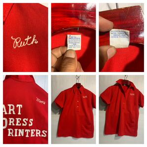 70's ヴィンテージ Hilton ヒルトン USA製 チェーン刺繍 Ruth プルオーバー ボーリングシャツ ポロシャツ 赤 36 レッドの画像2