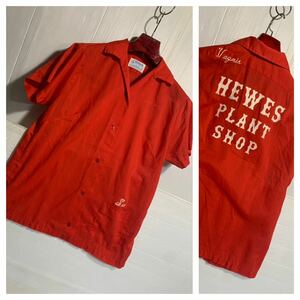 70's ヴィンテージ　Hilton ヒルトン　USA製　PERMANENT PRESS Sue 刺繍 開襟　オープンカラー　ボーリングシャツ　赤　34 レッド