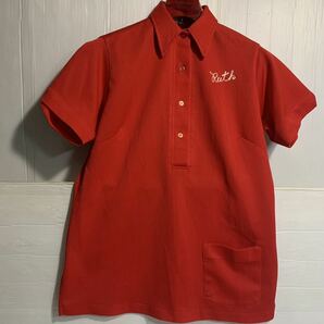 70's ヴィンテージ Hilton ヒルトン USA製 チェーン刺繍 Ruth プルオーバー ボーリングシャツ ポロシャツ 赤 36 レッドの画像3