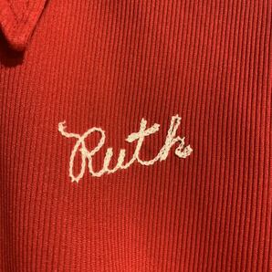 70's ヴィンテージ Hilton ヒルトン USA製 チェーン刺繍 Ruth プルオーバー ボーリングシャツ ポロシャツ 赤 36 レッドの画像5