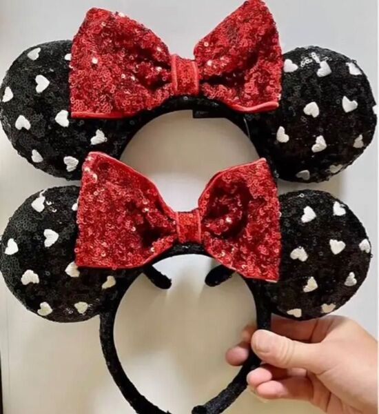 2点セットディズニー カチューシャ ミニーハート刺繍 ホワイトデー新品ブラック黒