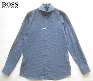 美品トルコ製!!ヒューゴボス HUGO BOSS*Cotonificio Albini伊製生地 ドット柄ワイドカラーシャツ 38-15 実寸M 紺×グレー