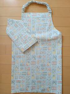 * hand made apron 2 point set 140 rom and rear (before and after) stamp pattern light light blue ① *
