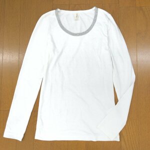 美品 B&Y UNITED ARROWS ユナイテッドアローズ 刺繍カラー ストレッチ カットソー M相当 白 ホワイト 日本製 長袖 Tシャツ ロンT 女性用