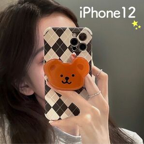 【特価☆早い者勝ち！iPhone12 アーガイル　くま　iPhoneケース】