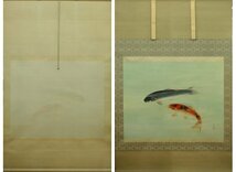 大幅 緑川 鯉 日本画 鯉図 双鯉 遊鯉 掛け軸　掛軸　絹に彩色 中古　Japanese Hanging scroll_画像1