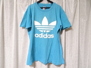 希少 ビンテージ USA製 adidas アディダス デカロゴ 水色 Tシャツ Mサイズ レトロ 当時物