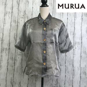 MURUA　ムルーア　シアーハーフスリーブシャツ　Fサイズ　グレー　透け感あり　ヤシの実風のボタンがポイント　S5.1-99　USED