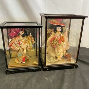 ◆1スタ 舞踊人形 2点セット 日本人形 女の子 コレクション ガラスケース付 置物 飾り インテリア 昭和レトロ 40-67