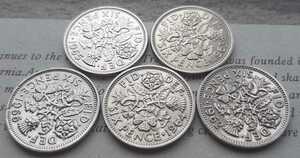 幸せのシックスペンス イギリス 5枚セット ラッキー6ペンス 英国コイン 美品 本物 19.5mm 2.8gram 