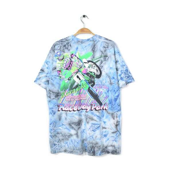 【送料無料】90s カワサキ モトクロス USA製 ヴィンテージ Tシャツ オールド タイダイ 大きいサイズ XL 古着 @BC0005