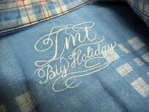 送料無料 TMT ティーエムティー 12SS ウォッシュ USED 加工 ロゴ 刺繍 長袖 コットン チェック ウエスタン シャツ マチ付き ブルー 水色 S_画像9