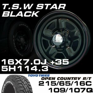 TSW STAR ブラック 16X7J+35 5穴114.3 TOYO OPEN COUNTRY R/T 215/65R16C ホワイトレター　ハイエース100系や152系ハイラックスなどに！