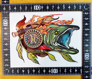 サーモン ステッカー 13×9.5(cm) Salmon&Rod&Reel　　[毛針 釣り 魚 鮭 フライ ]
