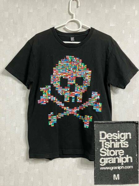 グラニフ　Tシャツ　メンズ　レディース　黒　M ドクロ　国旗　万国旗　スカル　Design Tshirts Store graniph デザインTシャツ　半袖
