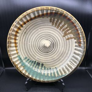 小石原焼 大皿　重要無形文化財 ヤマイチ窯　飛び鉋 三彩　直径約40.5cm アンティーク