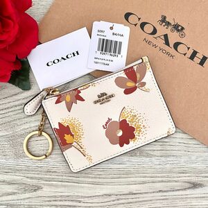 《新品》COACH コーチ ホワイト 花柄 レザー コインケース 