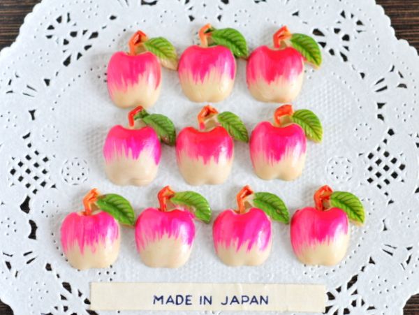 苹果水果日本复古凸圆形宝石日本制造复古手工配件零件深粉色 10 件, 珠饰, 珠子, 塑料